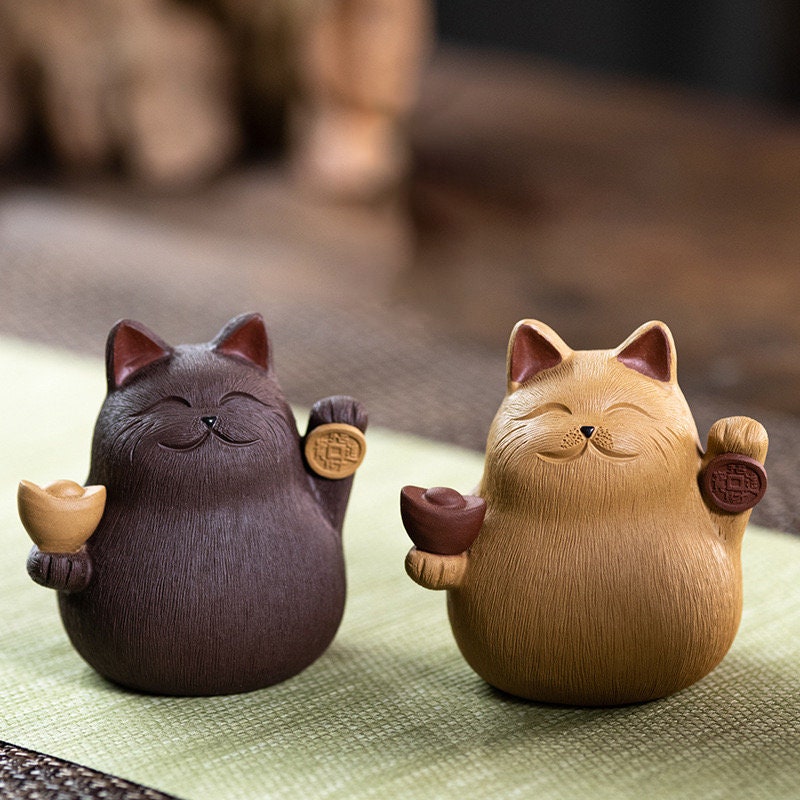 Gohobi Handmade cat ornaments Tea pets ceramic YiXing clay  Chinese Gongfu tea Kung fu tea Japanese Chado unique ornaments