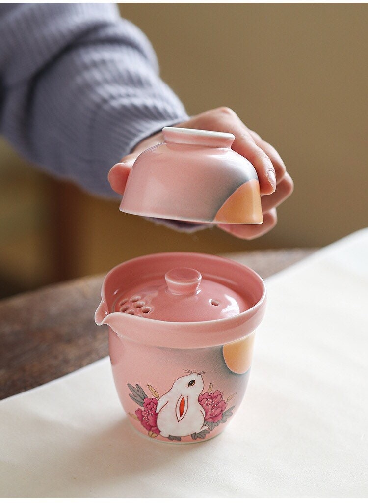 Gohobi Rabbit Handmade Pink Travel tea set, Hand painted, vintage, high quality, Rustic, Minimalistic Japanese Tea, Green Tea, Gongfu tea
