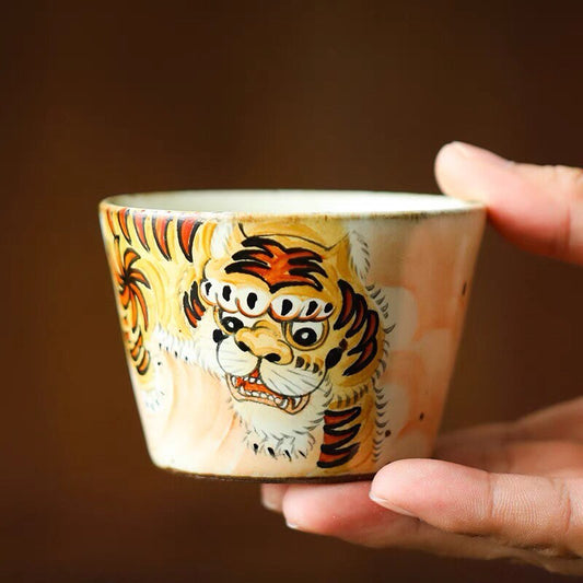 Gohobi Tiger Handmade gaiwan Tea cup and Set. Hand painted, Rustic, Minimalistic Japanese Tea, Green Tea, Gongfu tea