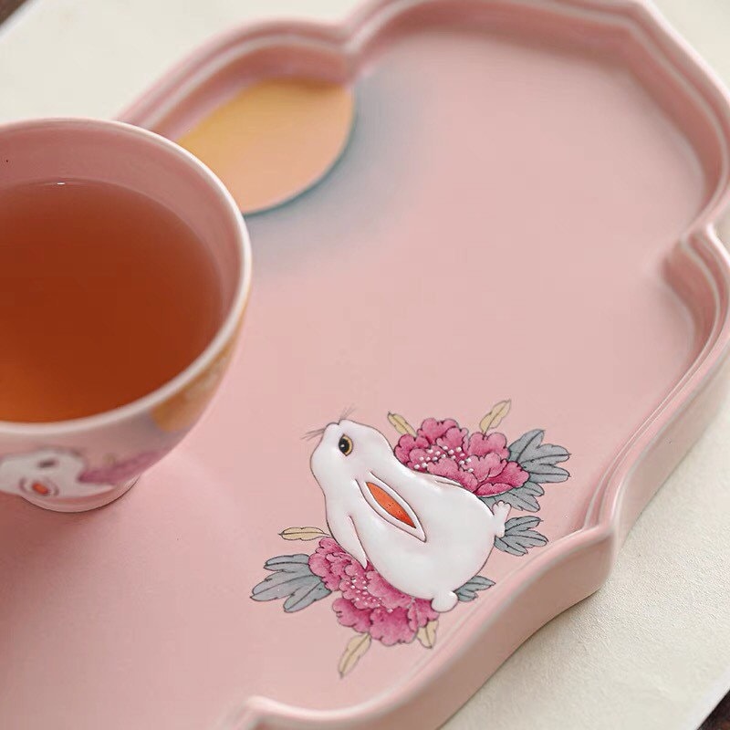 Gohobi Rabbit Handmade Pink tea tray, Hand painted, vintage, high quality, Rustic, Minimalistic Japanese Tea, Green Tea, Gongfu tea