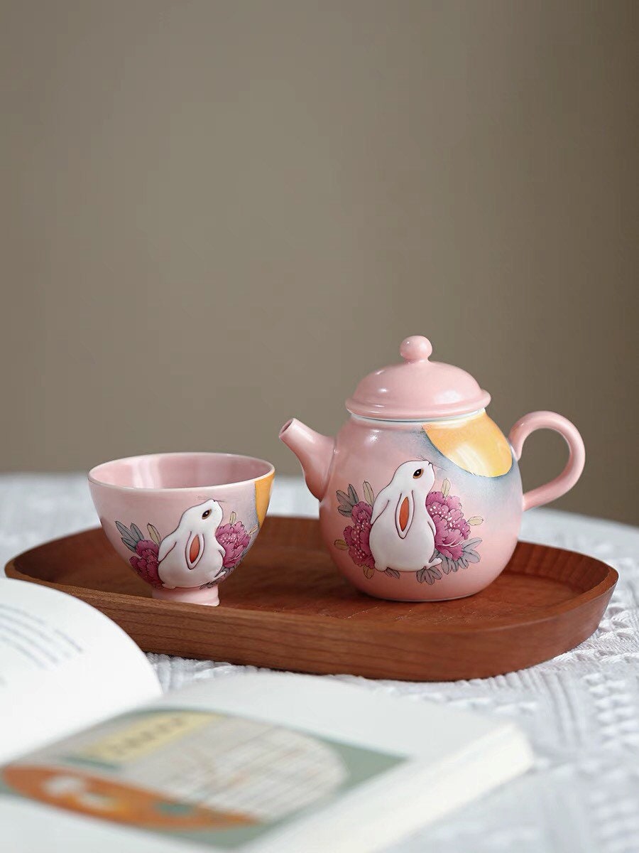Gohobi Rabbit Handmade Pink Teapot, Hand painted, vintage, high quality, Rustic, Minimalistic Japanese Tea, Green Tea, Gongfu tea
