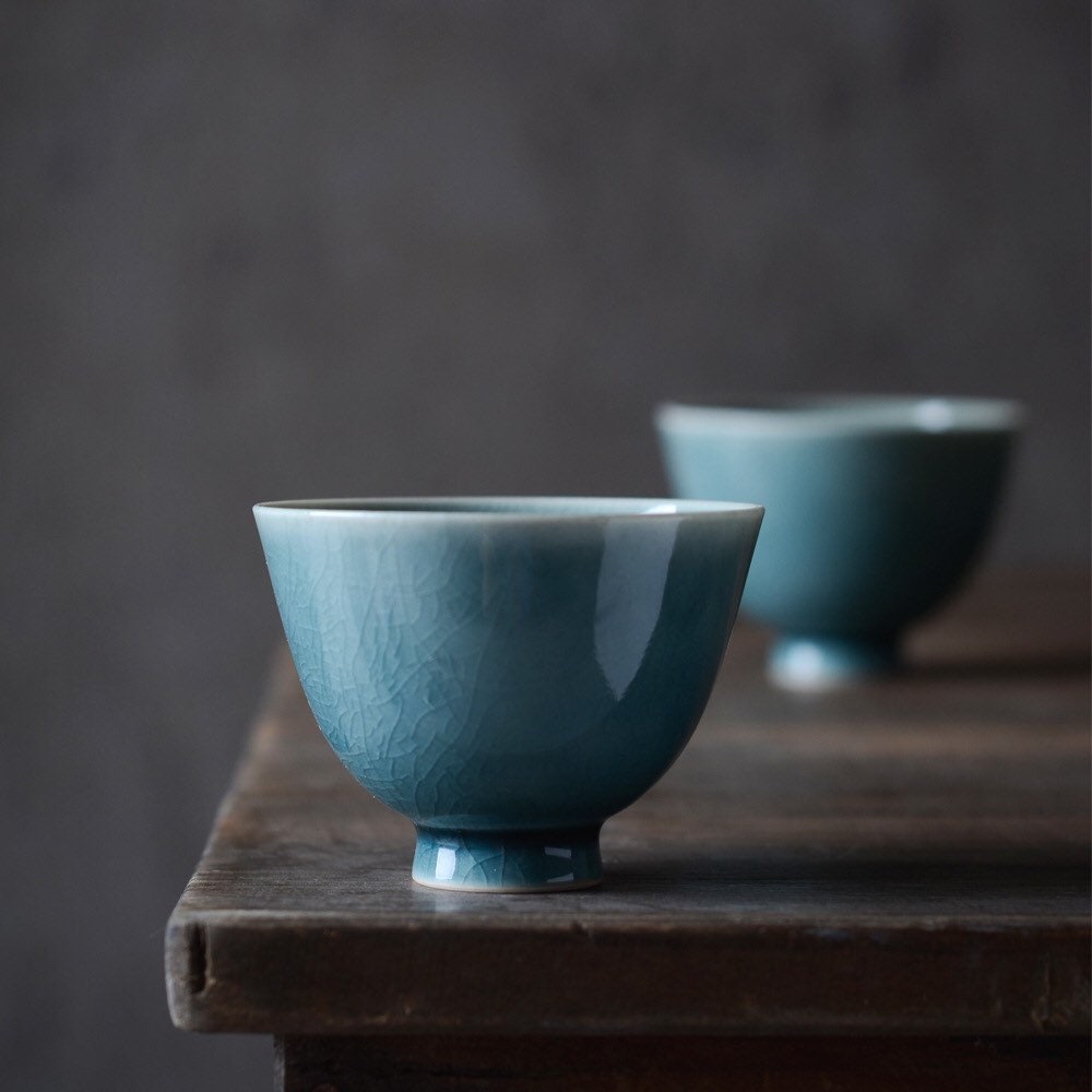 Gohobi Handmade Teal ceramic tea cup Chinese Gongfu tea Kung fu tea Japanese Chado crystal gemstone colour [Ice crack collection] 