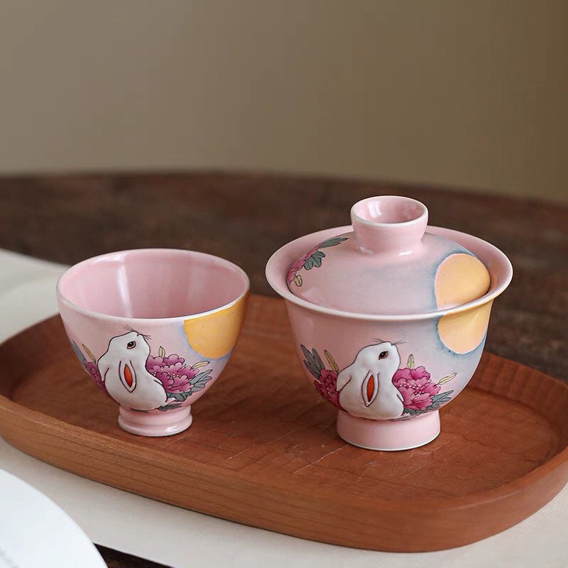 Gohobi Rabbit Handmade Pink gaiwan, Hand painted, vintage, high quality, Rustic, Minimalistic Japanese Tea, Green Tea, Gongfu tea