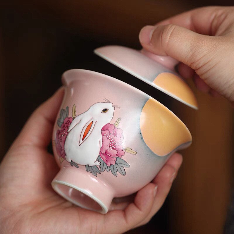 Gohobi Rabbit Handmade Pink Tea cup, Hand painted, vintage, high quality, Rustic, Minimalistic Japanese Tea, Green Tea, Gongfu tea