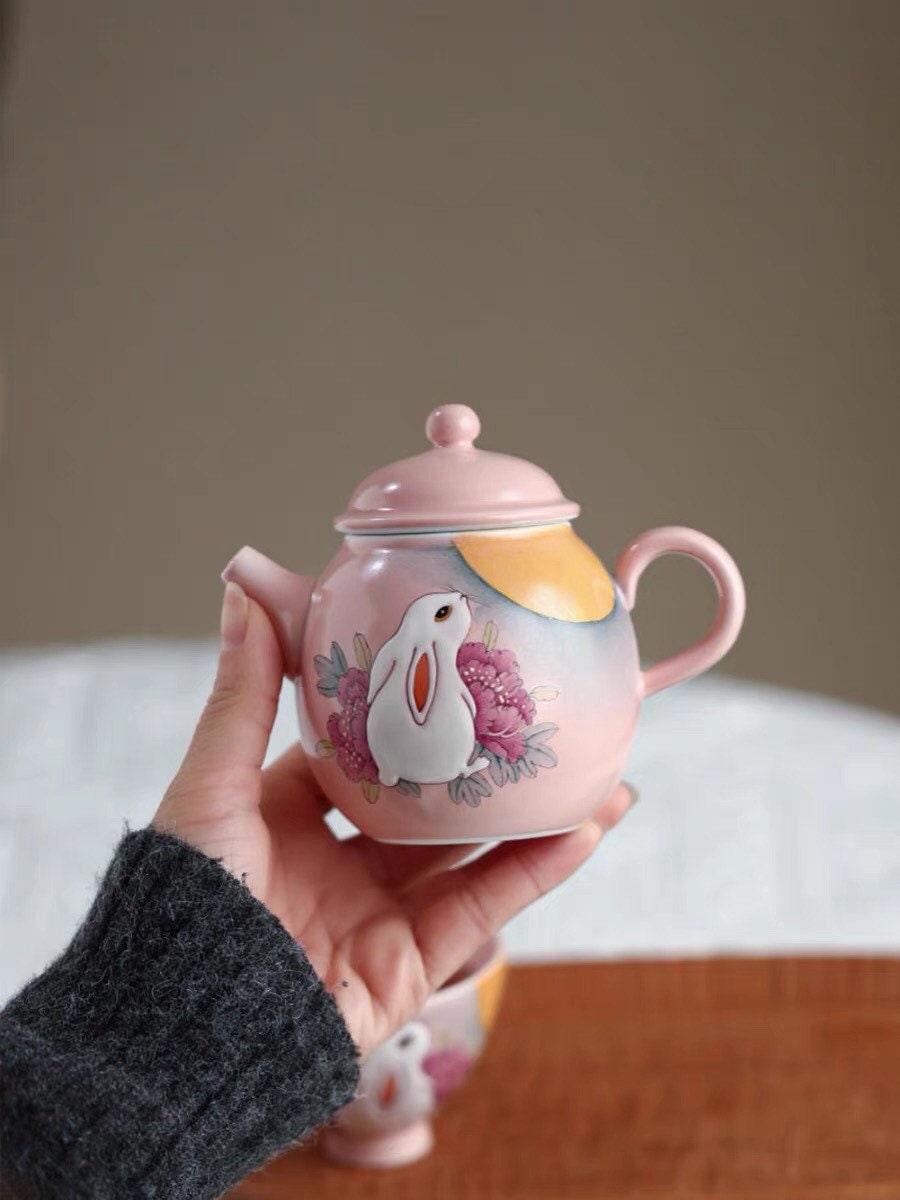 Gohobi Rabbit Handmade Pink Teapot, Hand painted, vintage, high quality, Rustic, Minimalistic Japanese Tea, Green Tea, Gongfu tea