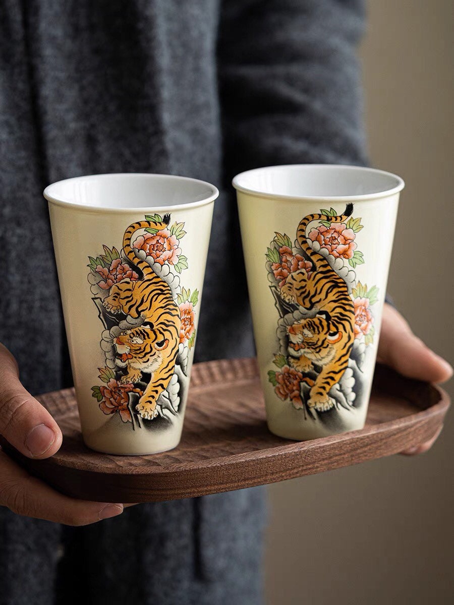 Gohobi Tiger Handmade Large drink cup tea cup  Hand painted, Rustic, Minimalistic Japanese Tea, Green Tea, Gongfu tea