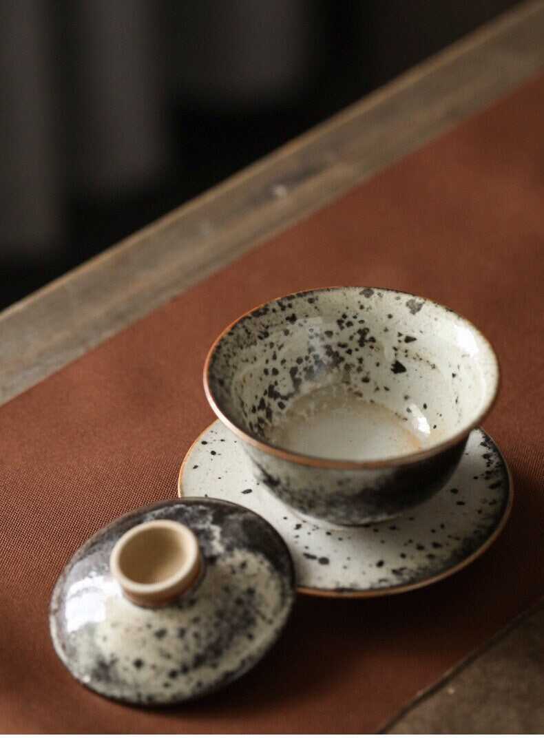 Gohobi Handmade ceramic Gaiwan Chinese Gongfu tea Japanese Teacup small green tea cup [Black ink collection] 
