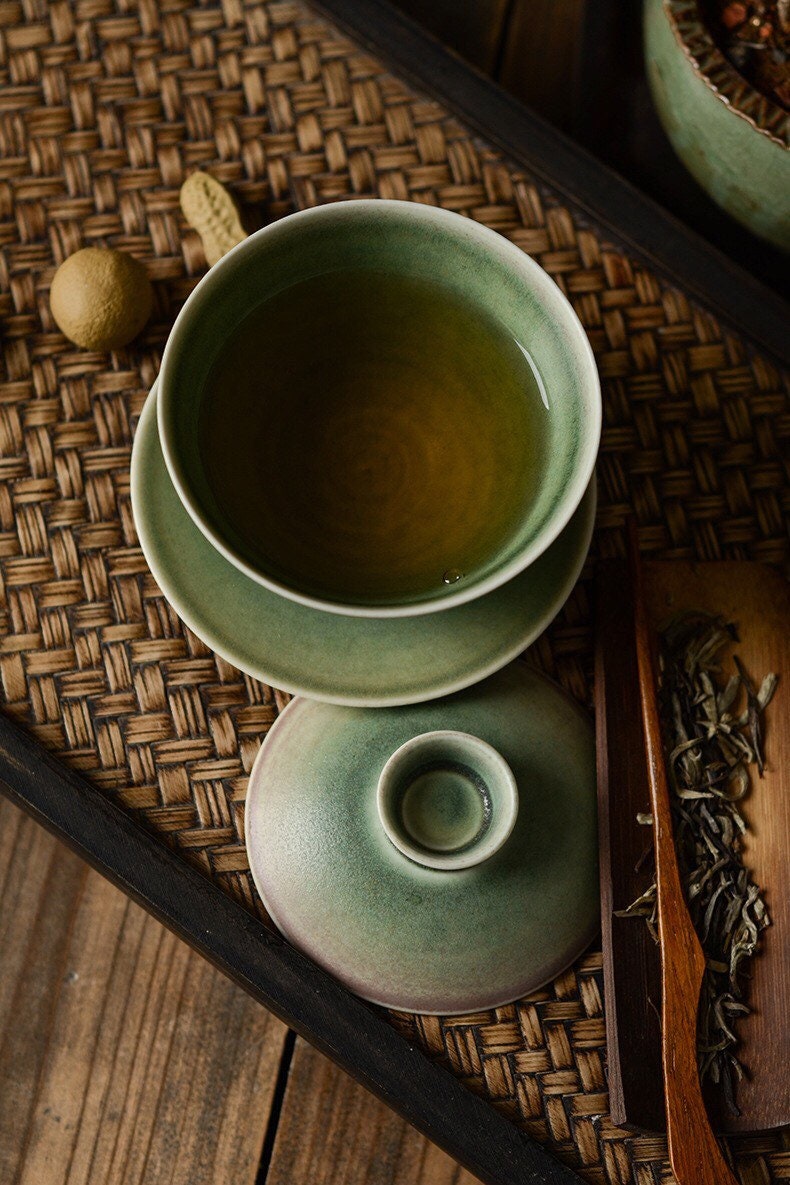 Gohobi Handmade Green gaiwan, Hand painted, vintage, high quality, Rustic, Minimalistic Japanese Tea, Gongfu tea  [Green Glazed collection] 