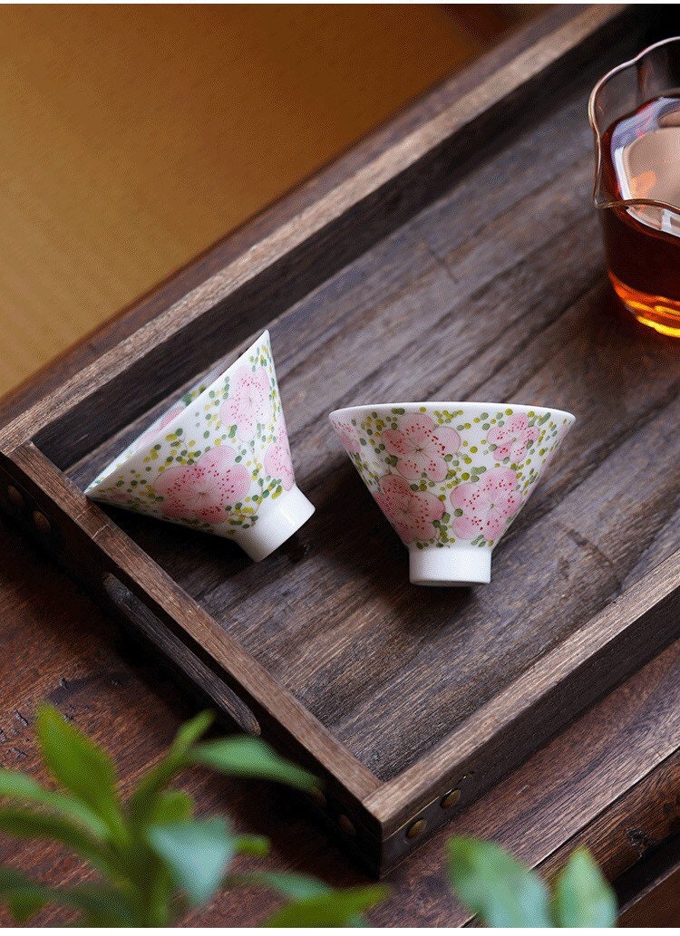 Gohobi Hand painted Peach BlossomTea Cup Ceramic Chinese Gongfu tea Kung fu tea Japanese Chado by local young designer