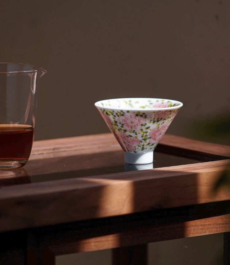 Gohobi Hand painted Peach BlossomTea Cup Ceramic Chinese Gongfu tea Kung fu tea Japanese Chado by local young designer