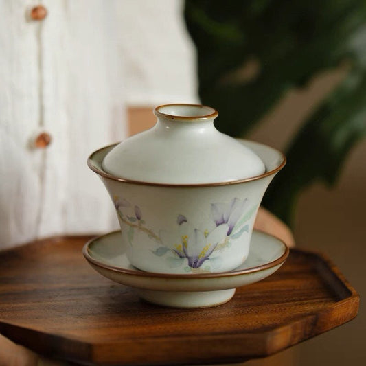 Gohobi Handmade floral gaiwan Tea cup Set, Hand painted, vintage, high quality, Rustic, Japanese Tea, Green Tea, Gongfu tea, Magnolia