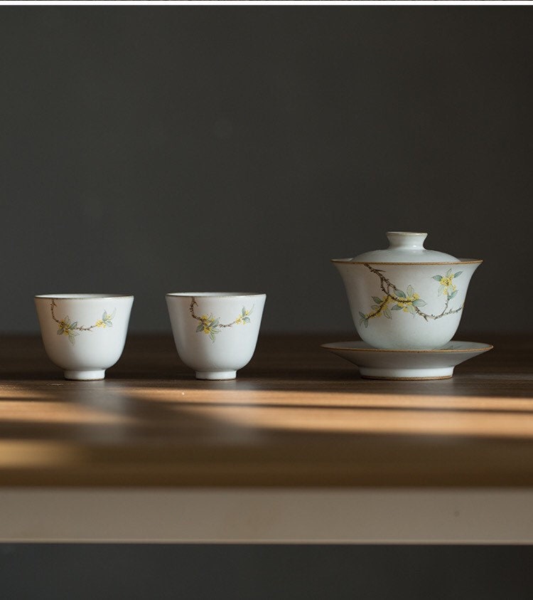 Gohobi Handmade floral gaiwan Tea cup Set, Hand painted, vintage, high quality, Rustic, Japanese Tea, Green Tea, Gongfu tea, Osmanthus