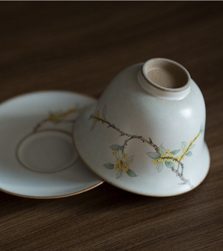 Gohobi Handmade floral gaiwan Tea cup Set, Hand painted, vintage, high quality, Rustic, Japanese Tea, Green Tea, Gongfu tea, Osmanthus