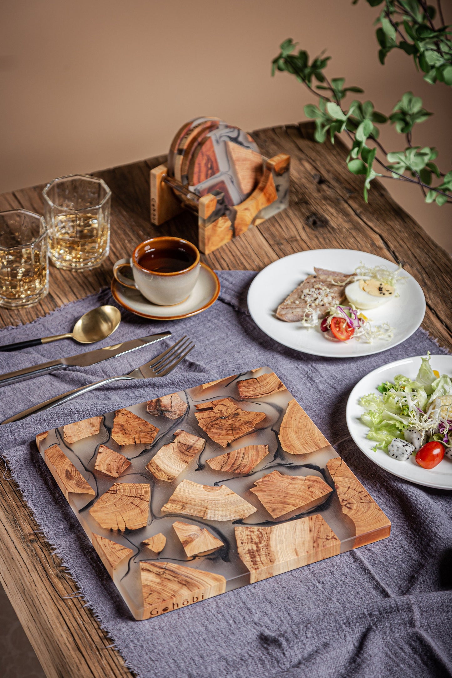 Gohobi Handmade Wood Resin placemats Square 24 cm luxury epoxy tea drink placemat unique tableware Japanese wooden drinkware unique