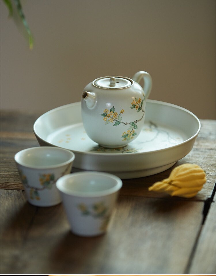 Gohobi Hand painted tea tray ceramic Flowers Osmanthus handmade tea saucer Chinese Gongfu tea tray  Kung fu Japanese Chado tea ceremony