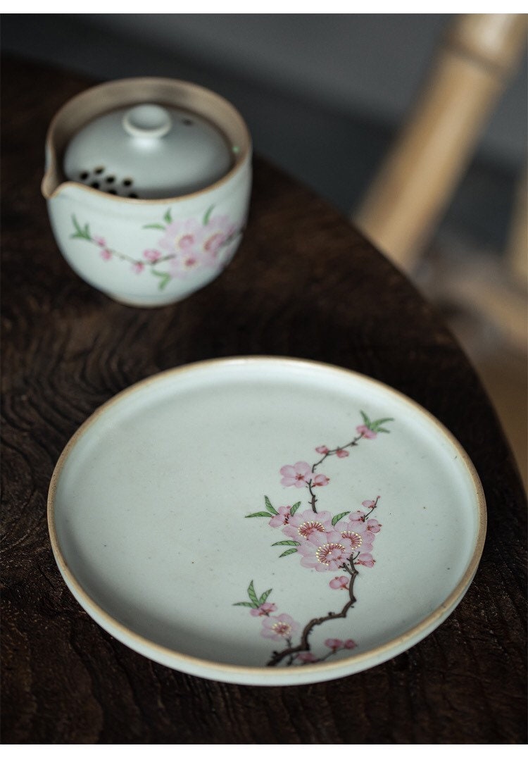 Gohobi Hand painted tea tray ceramic Flowers handmade tea saucer Chinese Gongfu tea tray  Kung fu Japanese Chado peach blossom tea ceremony