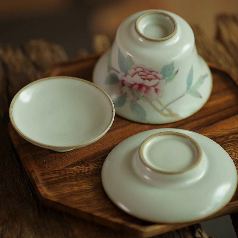 Gohobi Handmade floral gaiwan Tea cup Set, Hand painted, vintage, high quality, Rustic, Japanese Tea, Green Tea, Gongfu tea, Peony