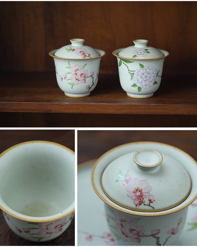 Gohobi Handmade floral gaiwan Tea cup Set, Hand painted, vintage, high quality, Rustic, Japanese Tea, Green Tea, Gongfu tea