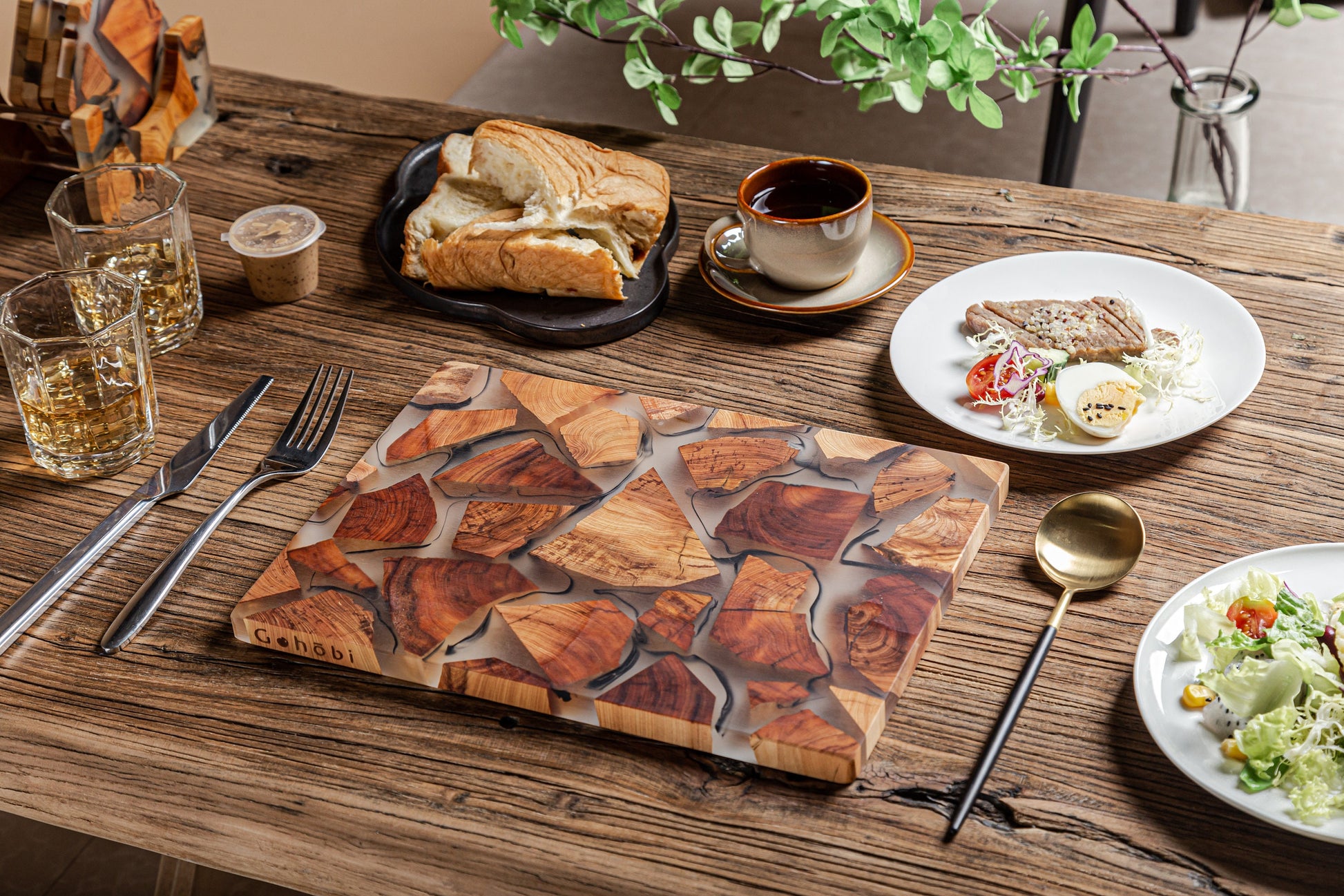 Gohobi Handmade Wood Resin placemats Rectangle 29 x 21.5cm luxury epoxy tea drink placemat unique tableware Japanese wooden drinkware unique