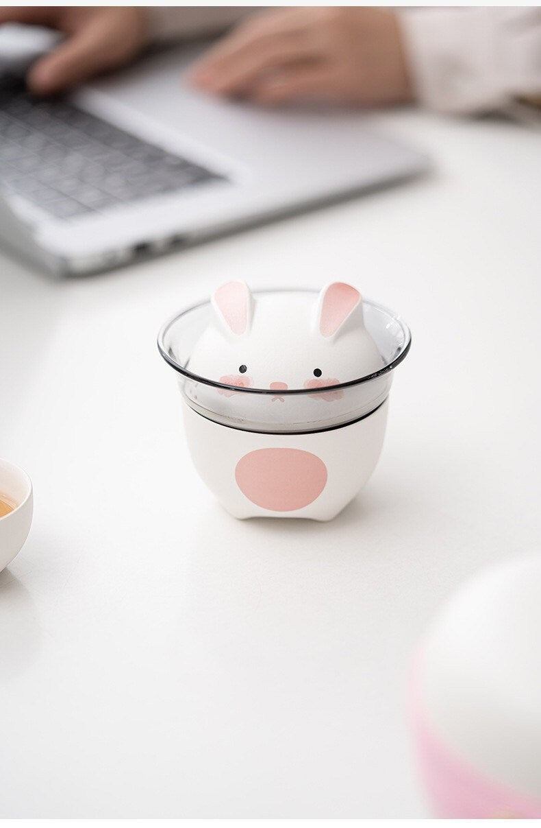 Gohobi Rabbit tea cup [UK stock- FREE Travel case] with Infuser and 2 small tea cups, office Tea Mug with Lid, Japanese tea mug Korean