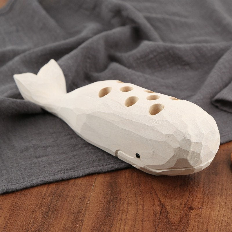 Gohobi Hand crafted wooden white whale  pen holder organiser ornaments unique gift for him for her